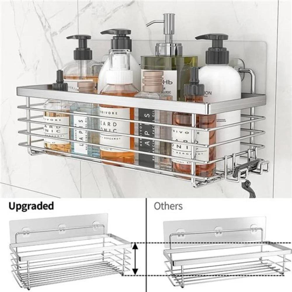 Shower Organizer with Hooks Stainless Steel Rustproof Adhesive Chrome, Silver